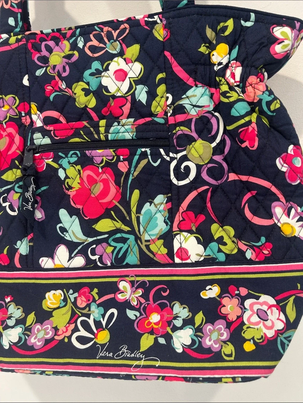 Vera Bradley Navy Laura Ribbons Multicolor Floral Quilted Shoulder Tote Bag New